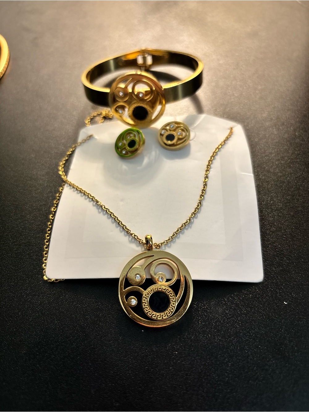 Greek Gold Circular Swirl Pendant Necklace and Earring Set